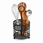 Steel Kitchen Utensil Holder with Mesh Drain Base for Cooking Tools - Black