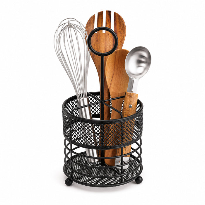 Steel Kitchen Utensil Holder with Mesh Drain Base for Cooking Tools - Black