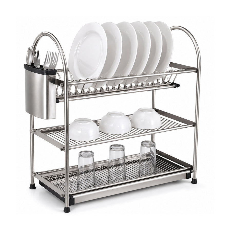 3-Tier Stainless Steel Dish Drying Rack Kitchen Storage Stand - Silver
