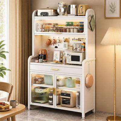 5 Layers Kitchen Pantry Cabinet with Microwave Shelf, Drawer & Fluted Doors - 70cm