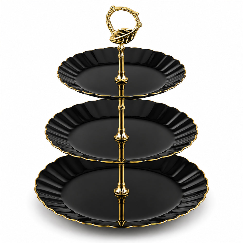 3-Tier Opal Glass Dessert Serving Stand with Gold Rim - Black, 10 Inch