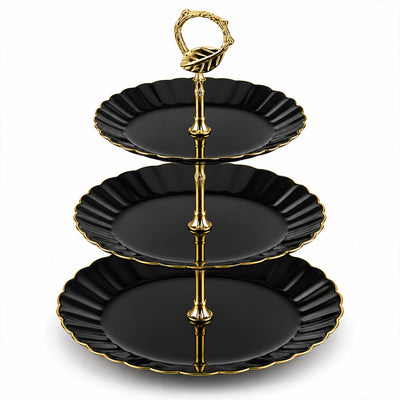 3-Tier Opal Glass Dessert Serving Stand with Gold Rim - Black, 10 Inch