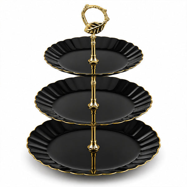 3-Tier Opal Glass Dessert Serving Stand with Gold Rim - Black, 10 Inch