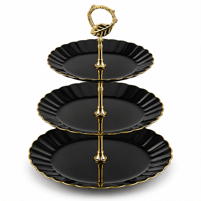 3-Tier Opal Glass Dessert Serving Stand with Gold Rim - Black, 10 Inch