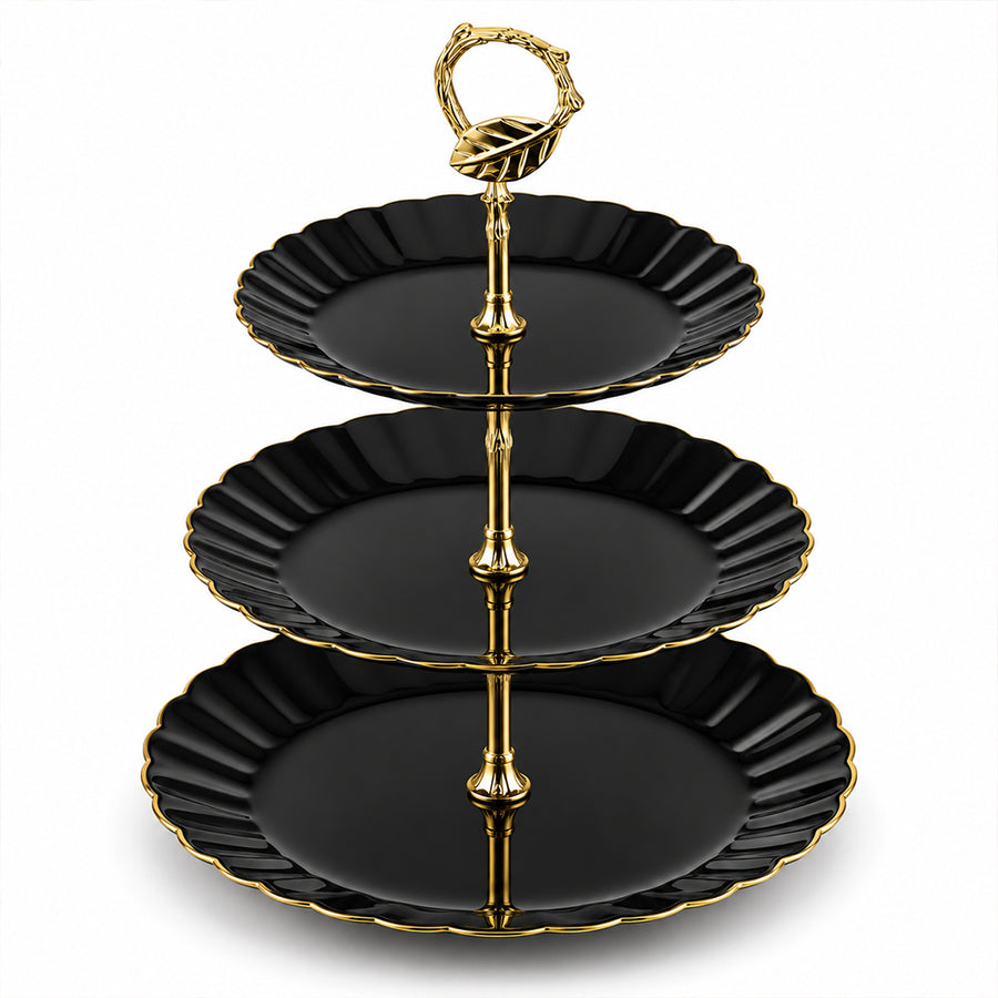 3-Tier Opal Glass Dessert Serving Stand with Gold Rim - Black, 10 Inch