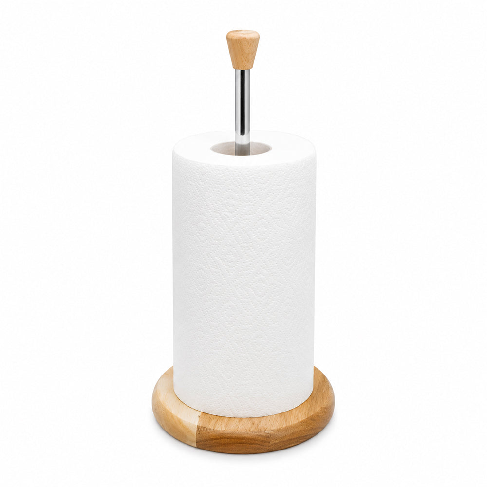 Wooden Countertop Paper Towel Holder with Chrome Rod & Wood Handle