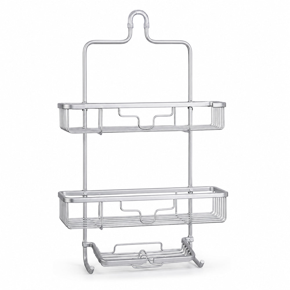2-Tier Aluminium Hanging Shower Caddy with Soap Tray & Hooks - Silver