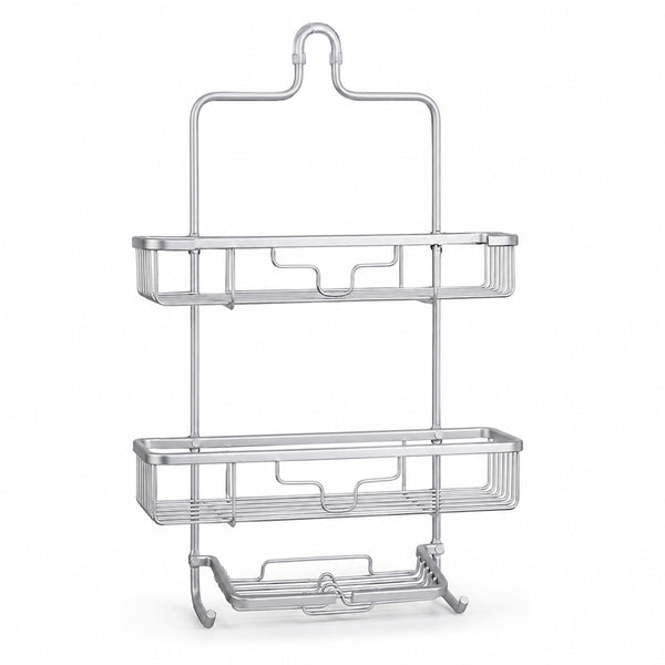 2-Tier Aluminium Hanging Shower Caddy with Soap Tray & Hooks - Silver