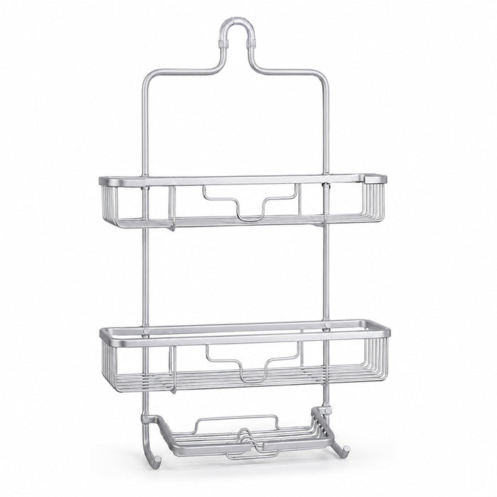2-Tier Aluminium Hanging Shower Caddy with Soap Tray & Hooks - Silver