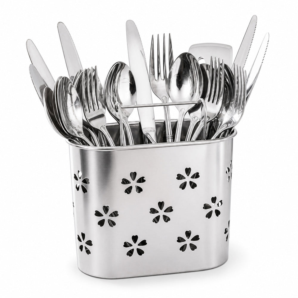 Stainless Steel Cutlery Holder with Drain Holes for Spoons, Forks & Chopsticks