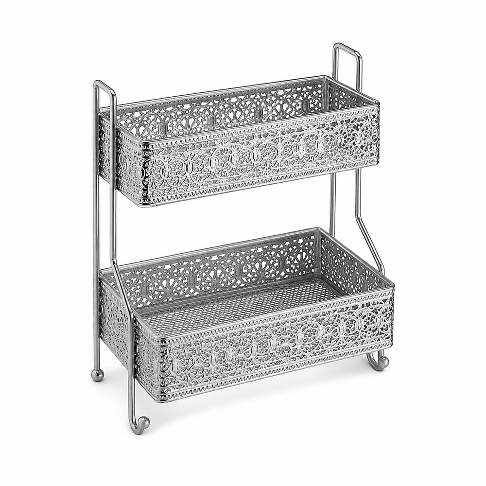 2-Tier Decorative Iron Storage Rack for Bathroom, Kitchen & Vanity - Silver