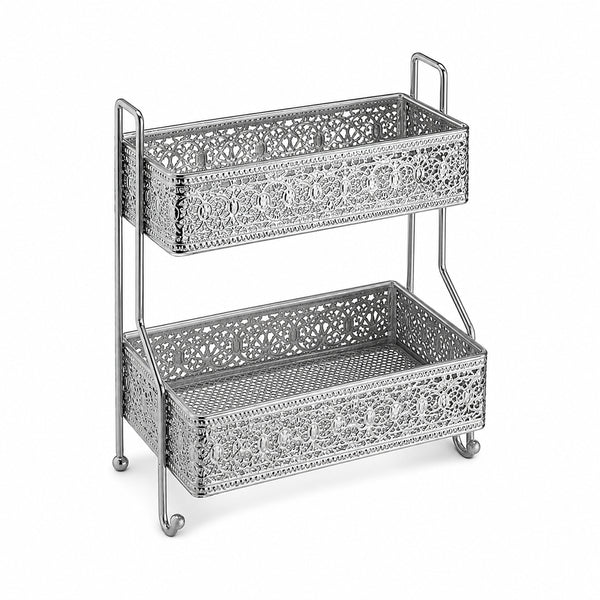 2-Tier Decorative Iron Storage Rack for Bathroom, Kitchen & Vanity - Silver