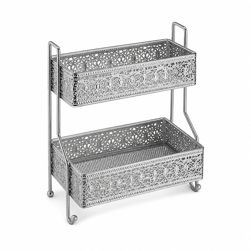 2-Tier Decorative Iron Storage Rack for Bathroom, Kitchen & Vanity - Silver