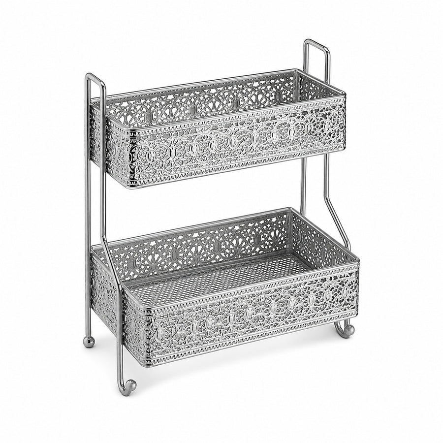 2-Tier Decorative Iron Storage Rack for Bathroom, Kitchen & Vanity - Silver