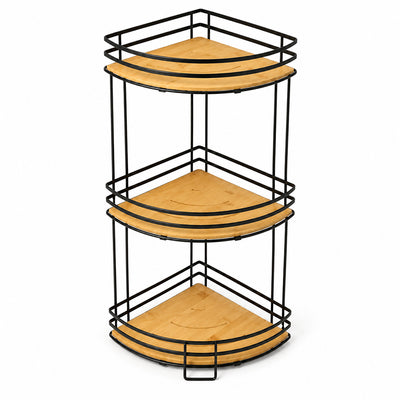 Bamboo & Metal 3-Tier Corner Shelf Organizer - Black & Natural