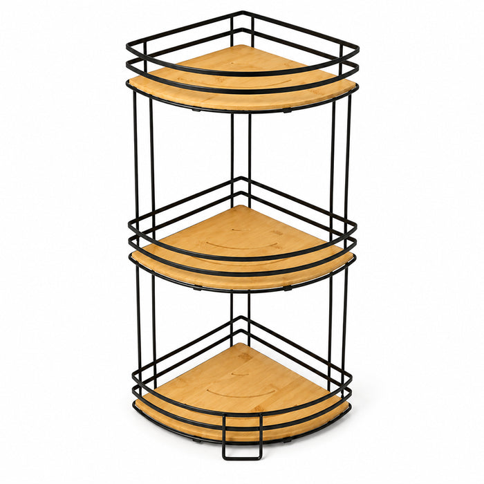 Bamboo & Metal 3-Tier Corner Shelf Organizer - Black & Natural