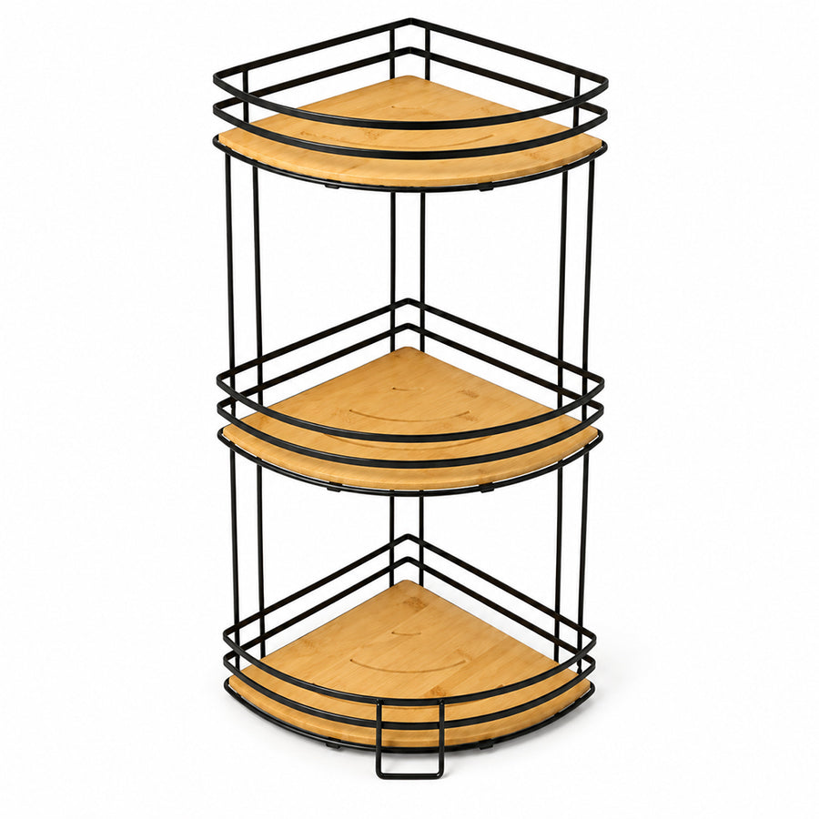 Bamboo & Metal 3-Tier Corner Shelf Organizer - Black & Natural