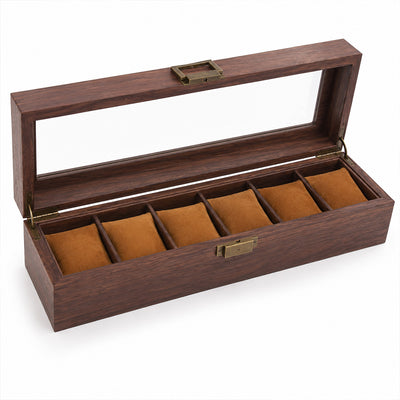 6-Slot Wooden Watch Storage Box with Glass Display Lid