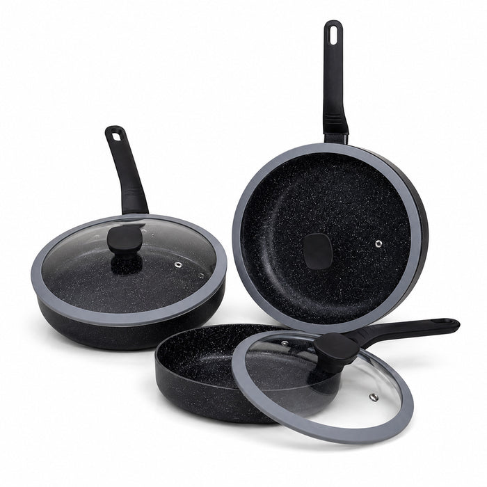 6-Piece Speckled Non-Stick Frying Pan Set with Glass Lids - Black & Grey