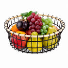 Round Black Metal Fruit Basket with Wooden Rim for Kitchen Counter