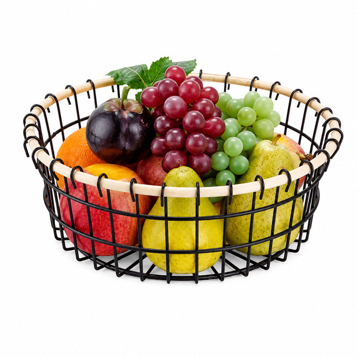 Round Black Metal Fruit Basket with Wooden Rim for Kitchen Counter