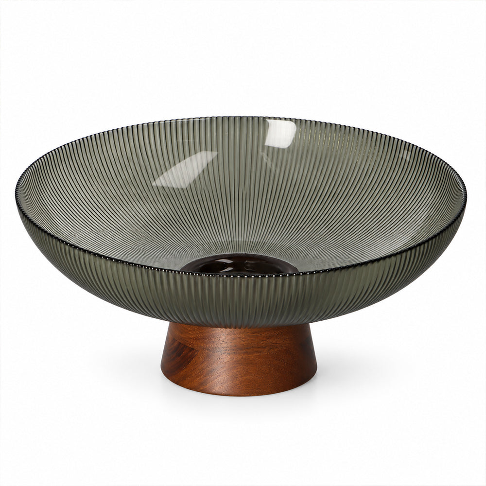 Glass Fruit Bowl with Wooden Pedestal - 25.5cm