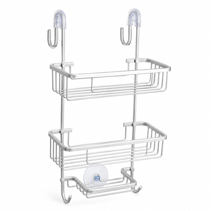 2-Tier Aluminium Hanging Shower Rack with Hooks & Suction Support