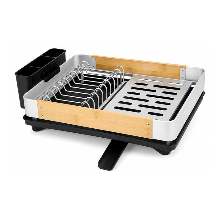 Aluminium Dish Drainer Rack with Wooden Side Panels & Utensil Holder