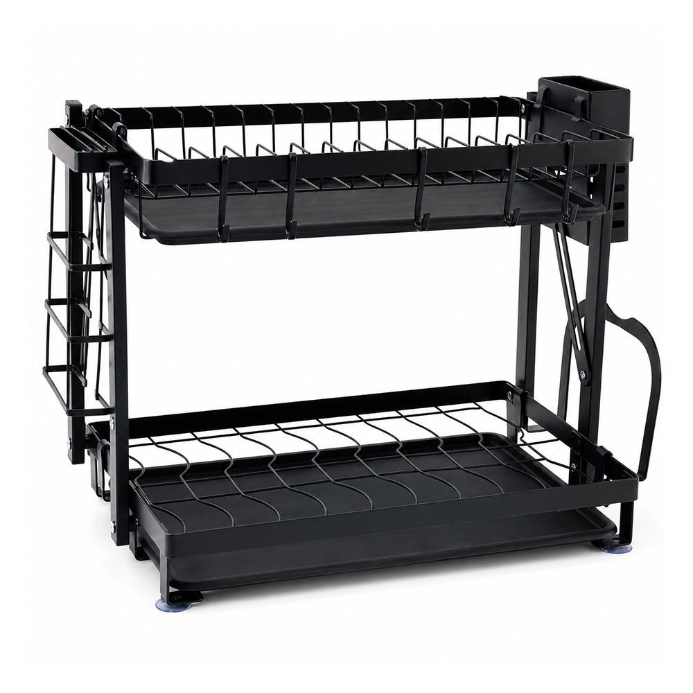 Large 2-Tier Dish Drying Rack with Drain Board & Utensil Holder - Black