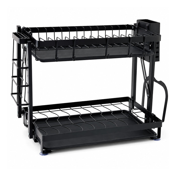 Large 2-Tier Dish Drying Rack with Drain Board & Utensil Holder - Black