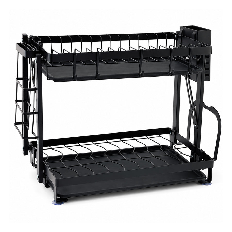 Large 2-Tier Dish Drying Rack with Drain Board & Utensil Holder - Black