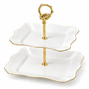 2-Tier Opal Glass Dessert Serving Stand with Gold Rim - 12 Inch