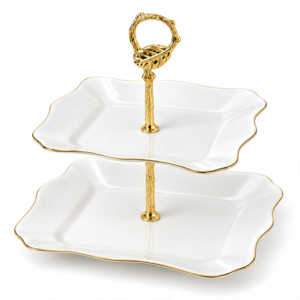 2-Tier Opal Glass Dessert Serving Stand with Gold Rim - 12 Inch