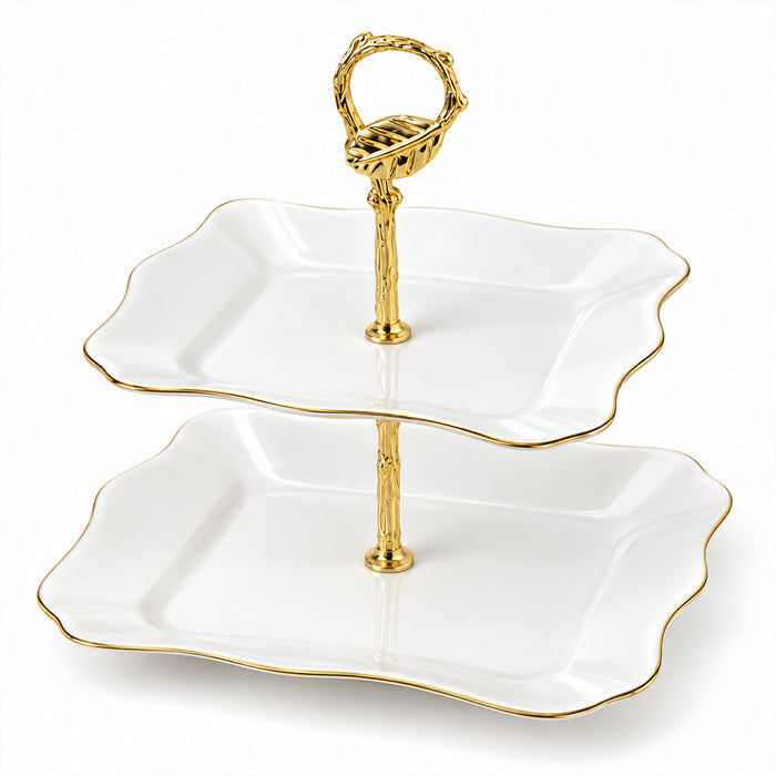 2-Tier Opal Glass Dessert Serving Stand with Gold Rim - 12 Inch