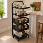Iron Rolling Trolley Storage Rack with Dish Holder Bottom Tray - Black