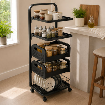 Iron Rolling Trolley Storage Rack with Dish Holder Bottom Tray - Black