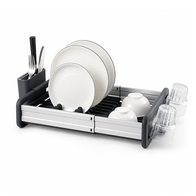 Extendable Stainless Steel Dish Drying Rack with Cup & Cutlery Holders