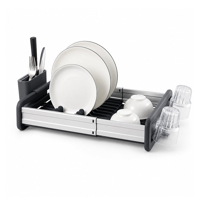 Extendable Stainless Steel Dish Drying Rack with Cup & Cutlery Holders