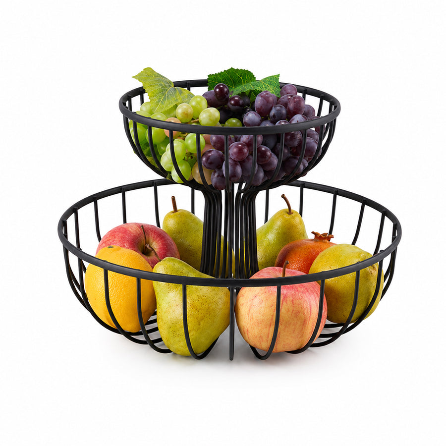 2-Tier Round Fruit Basket Stand – Black Metal Countertop Fruit Bowl