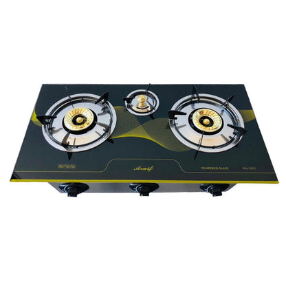 3-Burner Gas Stove with Tempered Glass Panel & Auto-Ignition