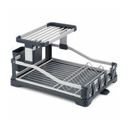 Aluminium 2-Tier Fold Flat Dish Drying Rack with Utensil Holder - Silver & Grey