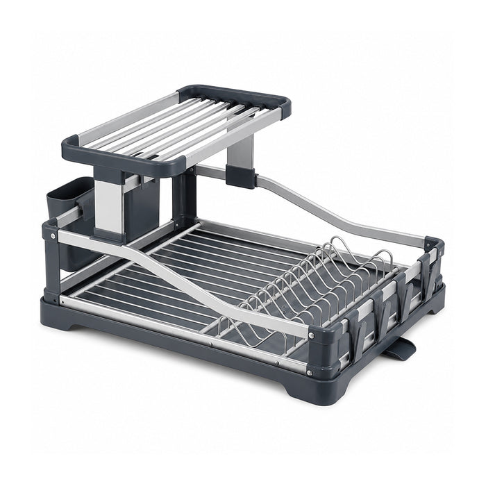Aluminium 2-Tier Fold Flat Dish Drying Rack with Utensil Holder - Silver & Grey