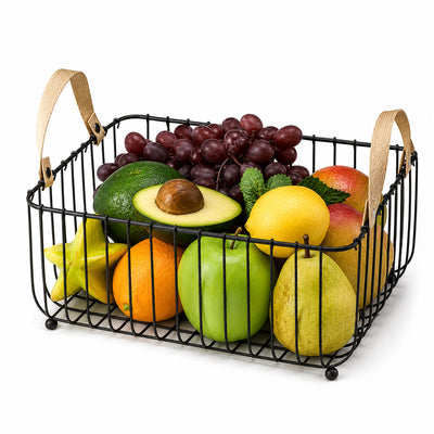 Rectangular Metal Fruit Basket with Wooden Handles - Black