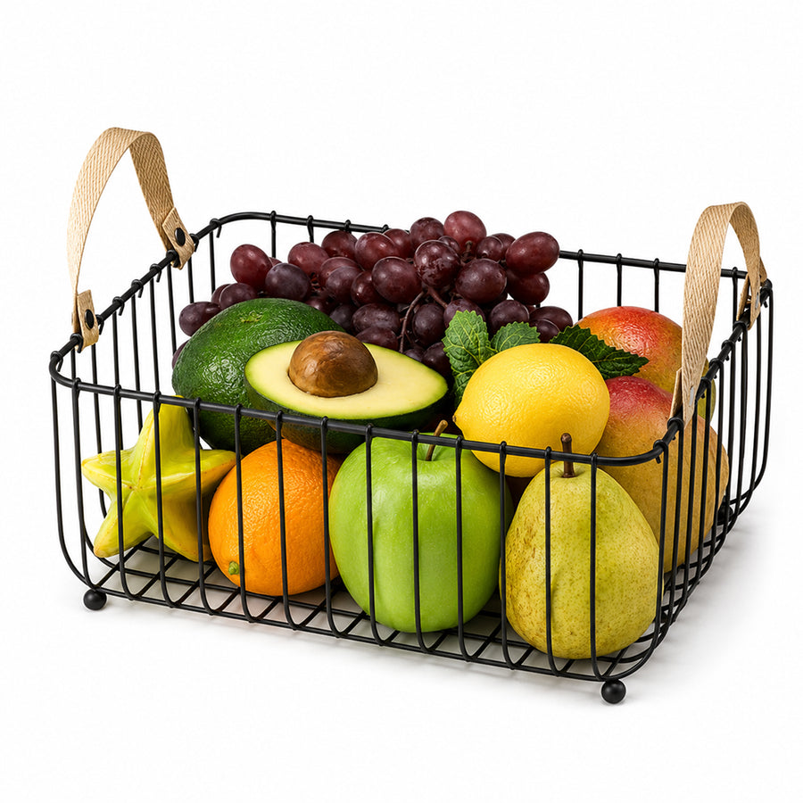 Rectangular Metal Fruit Basket with Wooden Handles - Black