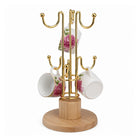Gold Mug Holder Tree Stand with Wooden Base for Coffee Cups