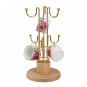Gold Mug Holder Tree Stand with Wooden Base for Coffee Cups
