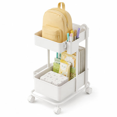 2-Tier Rolling Storage Trolley with Side Holder - White