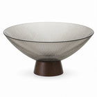 Ribbed Glass Fruit Bowl with Wooden Pedestal - 26cm