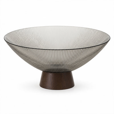 Ribbed Glass Fruit Bowl with Wooden Pedestal - 26cm