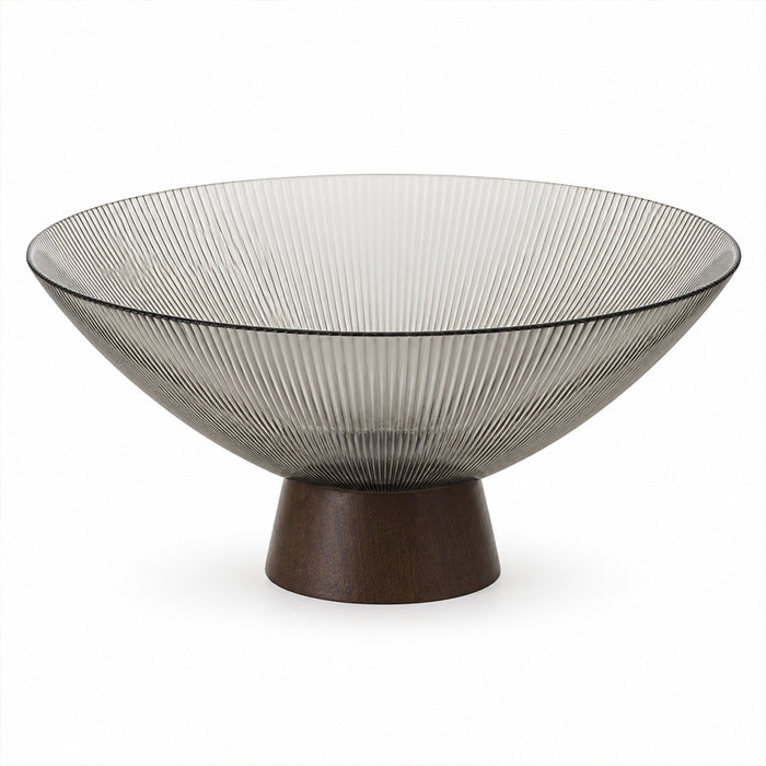 Ribbed Glass Fruit Bowl with Wooden Pedestal - 26cm